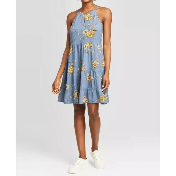 Xhiliration Powder Blue Floral High Neck Mini Dress - Picture 1 of 10